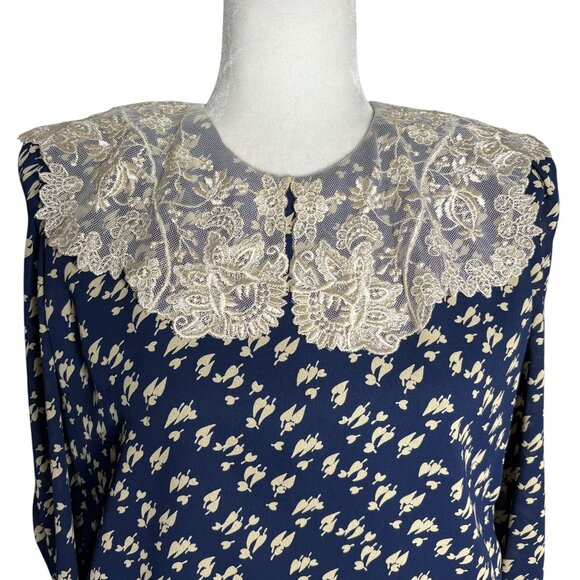 Vintage 80s Floral Midi Dress Medium Navy Blue Lace Collar 3/4 Sleeve Elastic - Picture 2 of 8